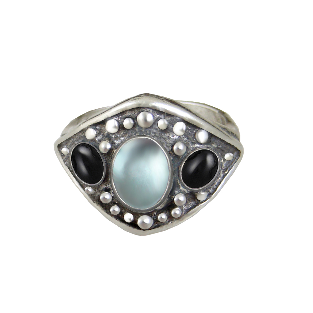 Sterling Silver Medieval Lady's Ring with Blue Topaz And Black Onyx Size 8